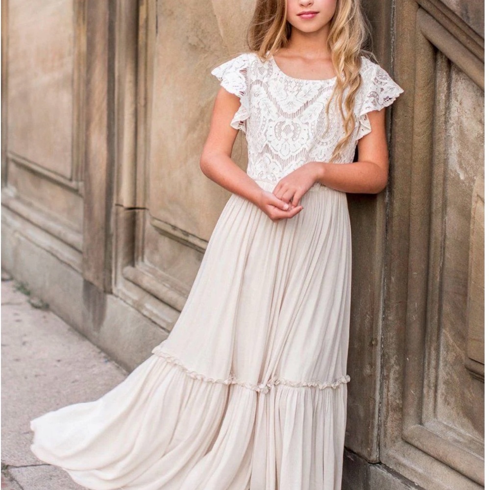Girls Cream Lace-Top Formal Dress